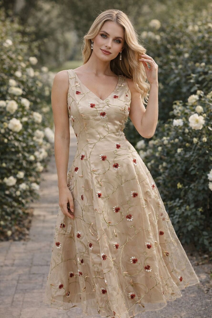 Custom Gold Satin Organza Rose Embroidered Dress 10 Midi Holiday Wedding M L
